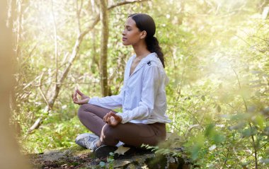 Zen, meditasyon ve kadın doğada ya da ormanda huzur içinde, ruhani ve farkındalık ve inanç için yoga yapıyor. Dikkatli, ağaçlar ve kadınlar sağlık ve sağlık için yeşil ağaçlarda dinlenirler..