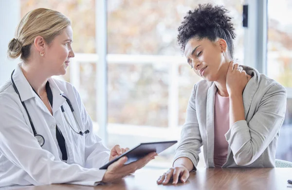 stock image Consulting, neck pain and medical with black woman and doctor for injury, healthcare and physical therapy. Tablet, checklist and medicine with expert and patient for examination, research and results.