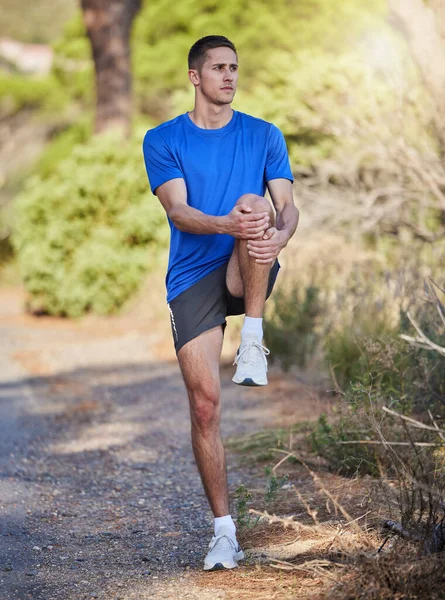 Fitness Stretching Delle Gambe Uomo Natura Prepara Correre Allenarsi Allenarsi — Foto Stock