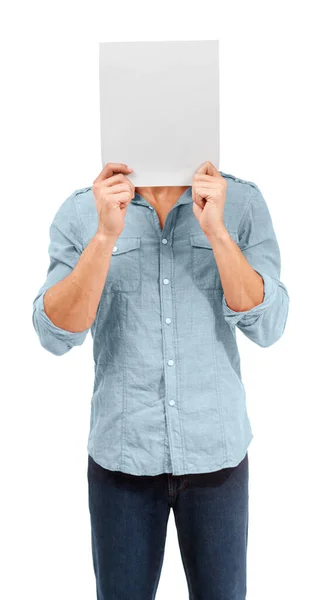 Ein Mann Hält Ein Leeres Plakat Vor Sein Gesicht Copy — Stockfoto