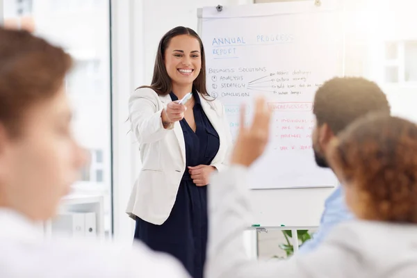 Business Presentation Woman Leadership Questions Feedback Planning Ideas Company Discussion — Stock Photo, Image