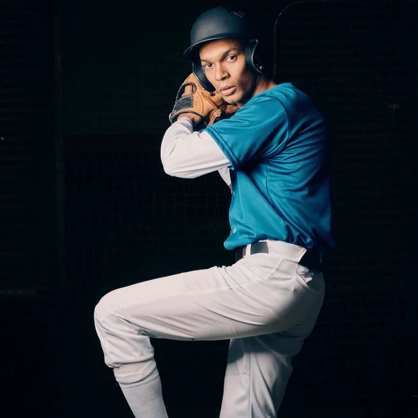 Baseball Dobó Fekete Férfi Stúdió Portré Fókusszal Látás Egyensúly Sport — Stock Fotó