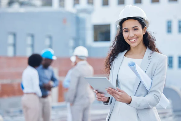 Architecture, tablet and portrait with black woman in city for construction blueprint, building or engineering. Maintenance, inspection and technology with employee for contractor, digital or project.