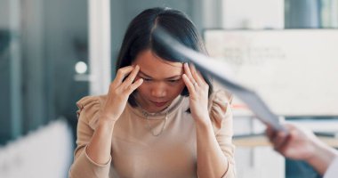 Headache, office meeting and business woman stress, anxiety or pain thinking of documents review. Burnout, fatigue or focus problem of asian worker, paperwork chaos and busy team hands in conference.