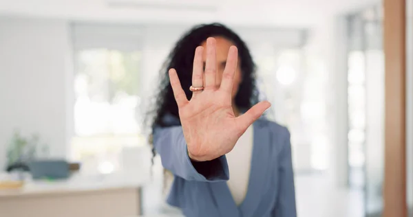 Business Woman Face Stop Hand Assertive Serious Gesture Rejection Workplace — Stok fotoğraf