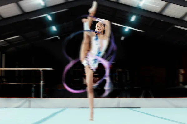 Portrait Ribbon Motion Blur Black Woman Gymnast Studio Olympics Dance — Stock Photo, Image