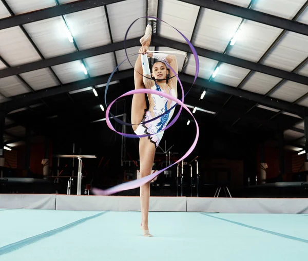 Portrait Ribbon Dance Gymnastics Woman Studio Olympics Training Exercise Dancing — Stock Photo, Image
