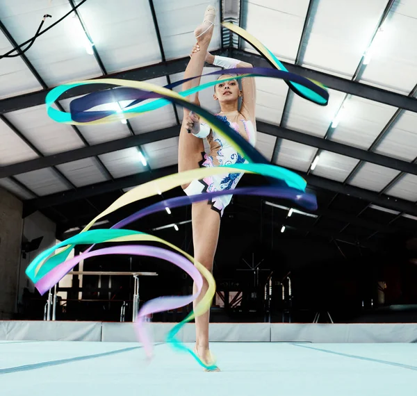 Portrait Ribbon Motion Blur Gymnastics Black Woman Studio Olympics Dance — Stock Photo, Image