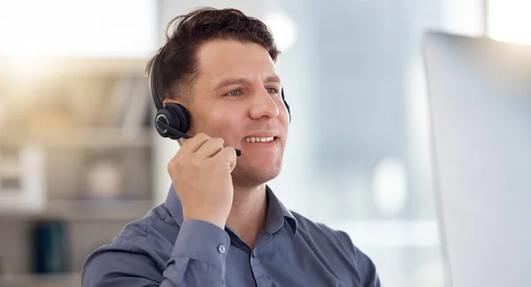 Biznes Człowiek Call Center Komputer Mikrofonem Słuchawkowym Konsultacji Telemarketingu Obsługi — Zdjęcie stockowe