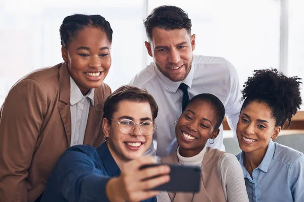 stock image Selfie, office team and professional people in group for corporate diversity, staff photography and coworking post. Happy corporate friends, career influencer or employees in profile picture or image.