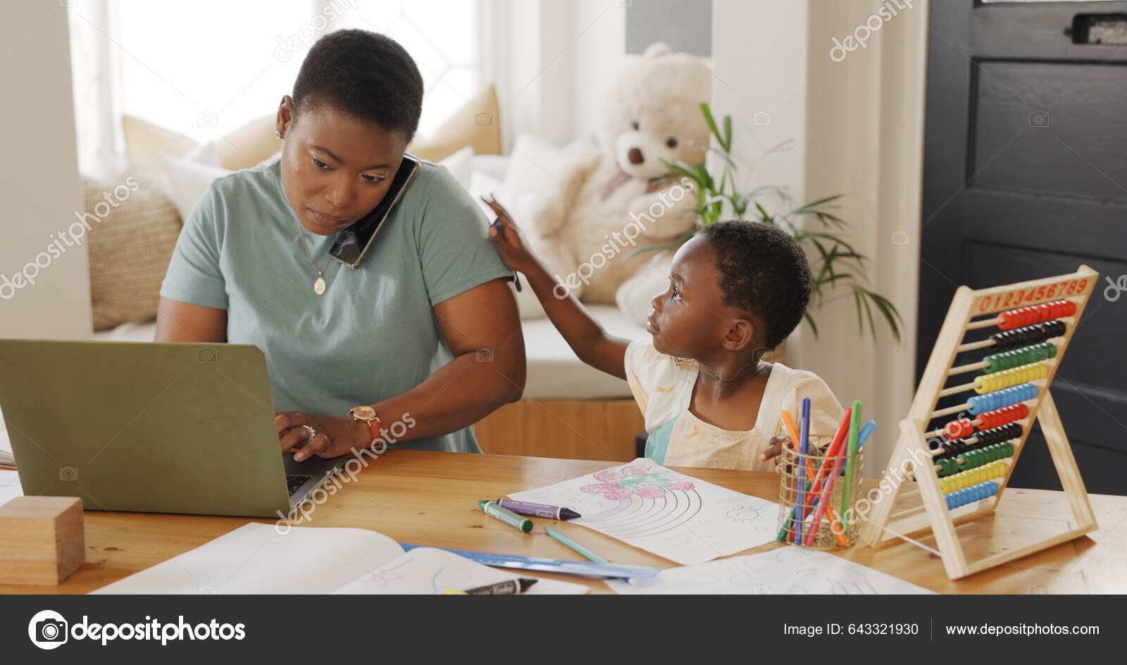 Laptop Phone Call Busy Mother Kid Work Home Child Education