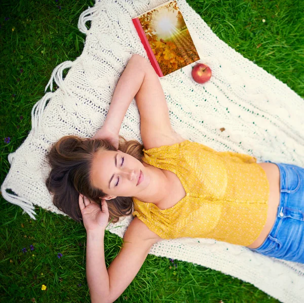 Stock image Everyone deserves a day off. a carefree young woman relaxing on a blanket in the park