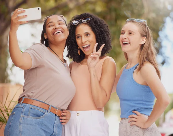 休日の笑顔で多様性 幸せな笑いと太陽の光と女性の友人 公園の自撮りや平和のサイン 黒人女性 女の子や連帯とプロフィール写真 励起Gen Zの学生とソーシャルメディア — ストック写真