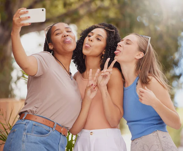 Selfie Lány Barátok Béke Jele Diákok Együtt Utazás Szabadság Sokszínűséggel — Stock Fotó