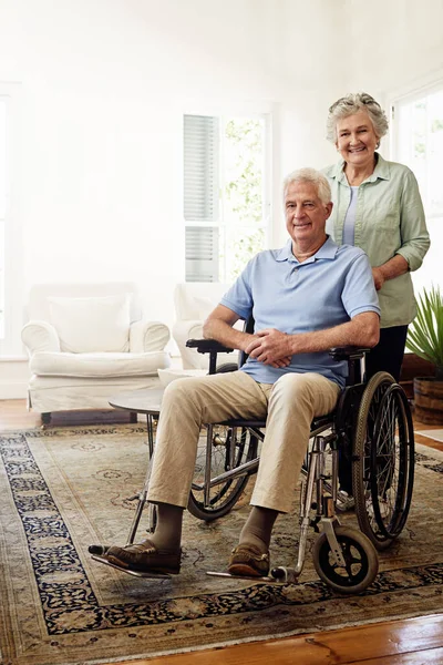Disability Smile Portrait Senior Couple Home Marriage Quality Time Bond — Stock Photo, Image