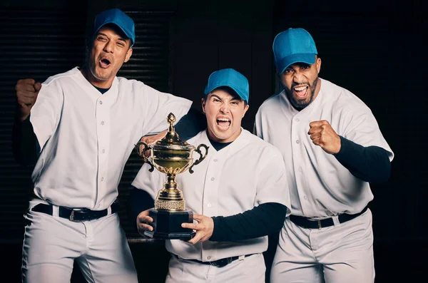 Baseball Trófea Izgatott Csapat Portré Győztes Ünneplése Egy Motivált Sportcsoport — Stock Fotó
