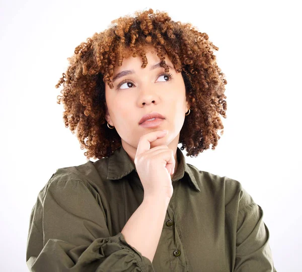 stock image Thinking, concentrating and remember with black woman for confused, wondering and solution. Focus, why and question with girl isolated on white background studio for choice, ideas and decision.