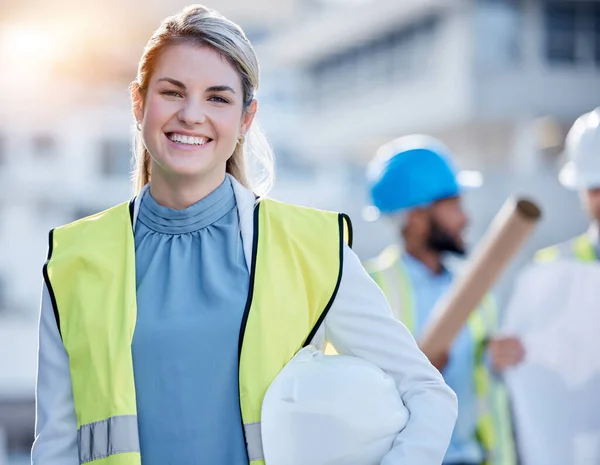 Construction worker, happy woman portrait or engineering contractor for career mindset, industry and building development. Young face of industrial person, builder or project manager in architecture.