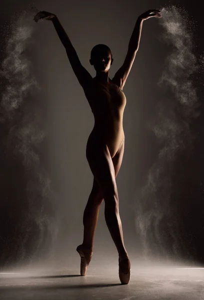 Puder Ballett Und Ballerinas Silhouette Auf Dunklem Hintergrund Für Performance — Stockfoto