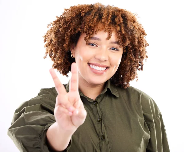 Signo Paz Gesto Retrato Mujer Negra Emocionada Confiada Feliz Aislada —  Fotos de Stock