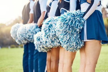Cheerleader pom poms, backs and students in cheerleading uniform on a outdoor field. Athlete group, college sport collaboration and game cheer prep ready for cheering, stunts and fan applause. clipart