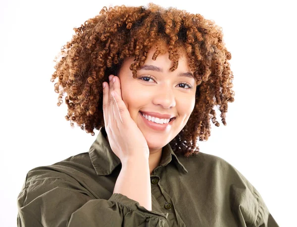 Feliz Retrato Mão Rosto Por Mulher Negra Estúdio Com Maquete — Fotografia de Stock