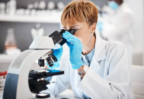 Medizin Mikroskop Und Wissenschaft Mit Schwarzer Frau Labor Für Experimente — Stockfoto