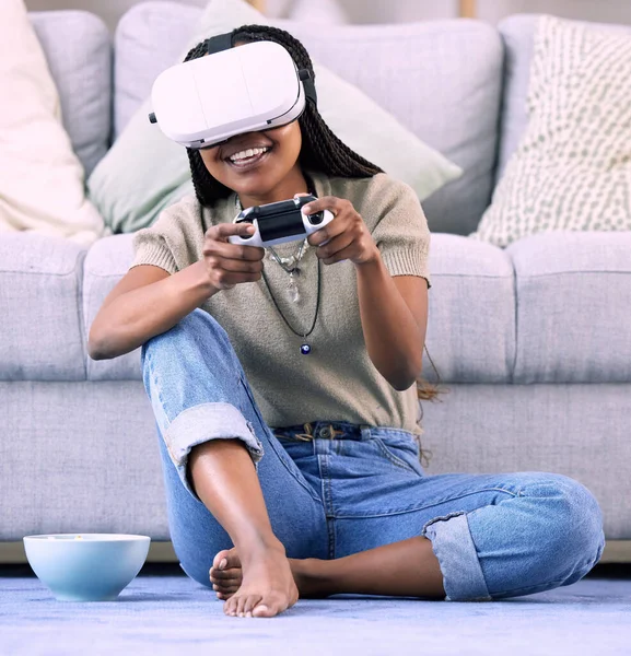 Svart Kvinna Spel Och Virtual Reality Spel Hemmaplan För Metavers — Stockfoto