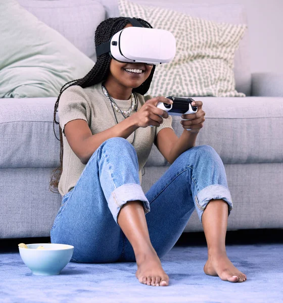 Kvinna Videospel Och Virtuell Verklighet Headset Hemmaplan För Onlinespel Och — Stockfoto