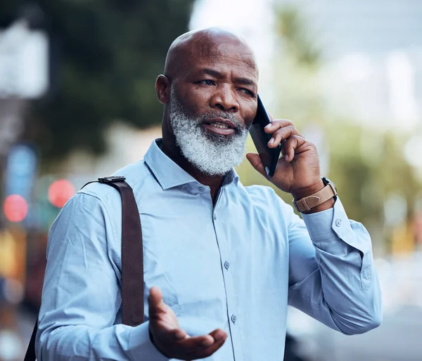 Business stress, black man and phone call in city for worry, anxiety and communication mistake. Confused manager, outdoor and mobile talking about problems, frustrated executive or consulting failure.