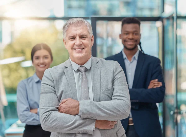 Leadership, team and portrait of business people with arms crossed, pride and unity at a company. Expert, solidarity and manager with employees, confidence and support at a corporate agency.