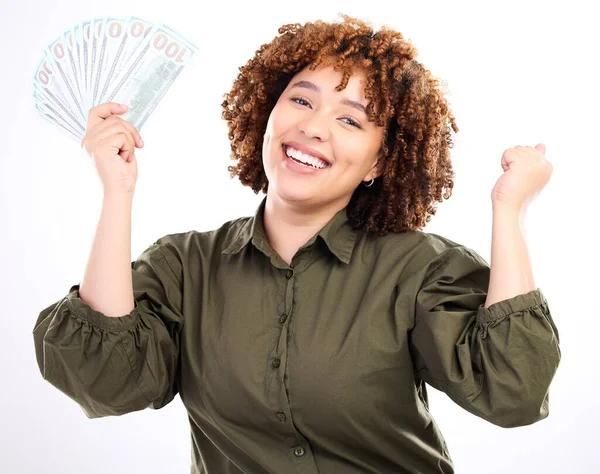 Feliz Dinheiro Vencedor Com Retrato Mulher Negra Para Investimento Sucesso — Fotografia de Stock