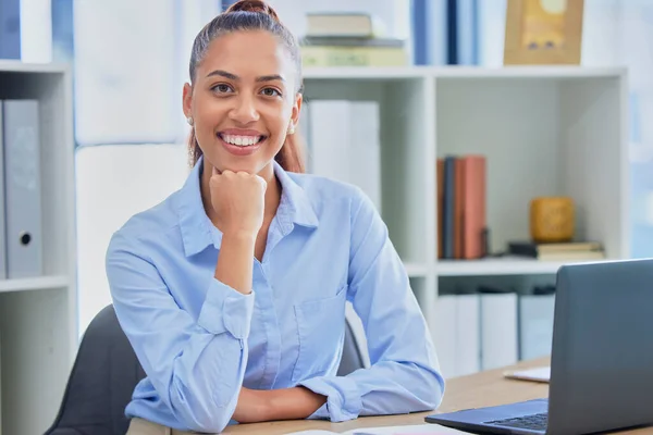 Office portrait, business administration or happy woman or finance accountant with smile for financial accounting. Corporate bookkeeping, company employee or African bank consultant working on laptop.