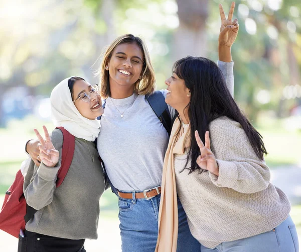 Women, friends or peace sign in nature park, garden or school campus for diversity bonding, comic fun or playful community. Smile, happy or Muslim students and v hands gesture on university college.