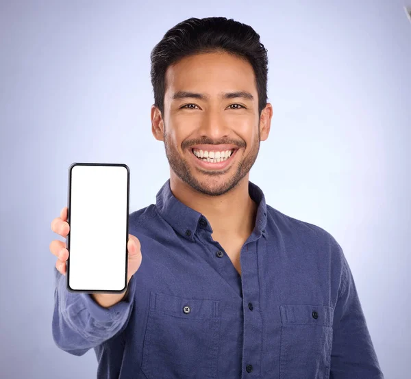 Homem Asiático Negócios Telefone Sorriso Com Maquete Para Mídia Social — Fotografia de Stock