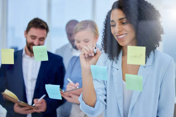 Teamwork Brainstorming Business People Meeting Idea Sticky Notes Planning Glass — Stock Photo, Image
