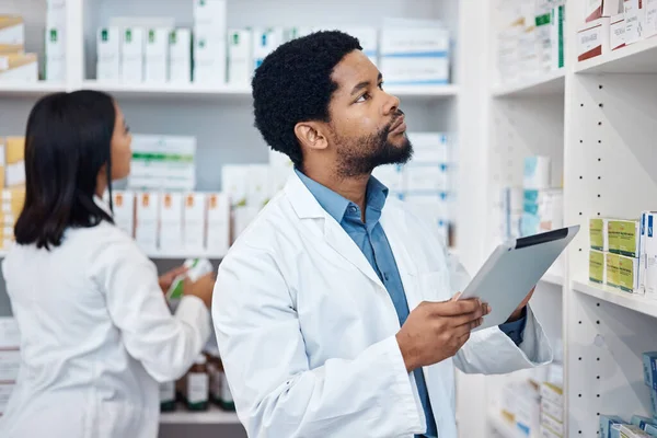 Pharmacy stock check, black man and tablet checklist of medicine and pills. Pharmacist, digital work and pharmaceutical products in a retail shop or clinic with healthcare and wellness employee.
