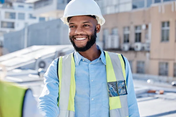 Construction worker, team and black man for b2b collaboration, project management update and onboarding. Happy contractor, builder or engineering person partnership, leadership and architecture talk.