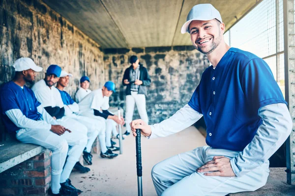 Baseball player, portrait and sports stadium dugout with softball team ready for ball game. Training, exercise and motivation of a young athlete from Dominican Republic with a smile for fitness.