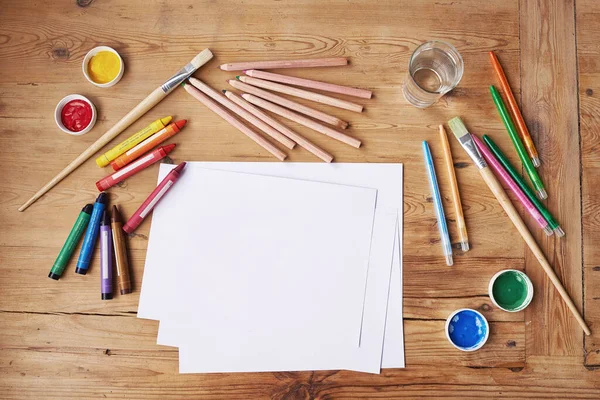 Blank Paper Painting Supplies Pencils Wooden Table — Stock Photo, Image