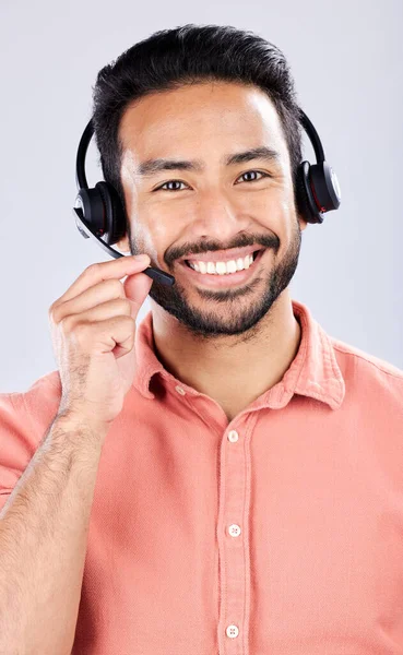 Portrait Call Center Customer Service Man Consultant Studio Gray Background — Stock Photo, Image
