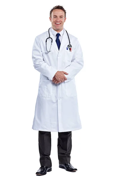 Jestem Się Tobą Zająć Pełny Portret Lekarza Stojącego Białym Tle — Zdjęcie stockowe