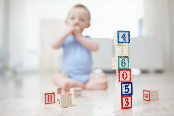 Playing His Present Daddy Colourful Building Blocks Blurred Baby Background — Stock Photo, Image