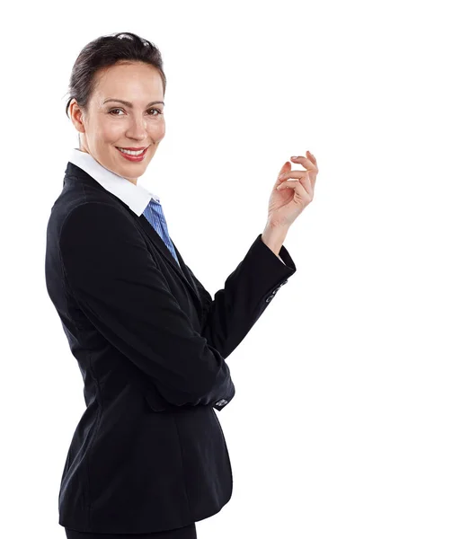 Negócios Com Sorriso Retrato Recortado Uma Mulher Negócios Contra Fundo — Fotografia de Stock