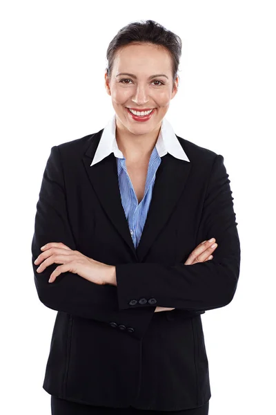 Zajmę Się Twoimi Potrzebami Biznesowymi Przycięty Portret Bizneswoman Stojącej Rękami — Zdjęcie stockowe