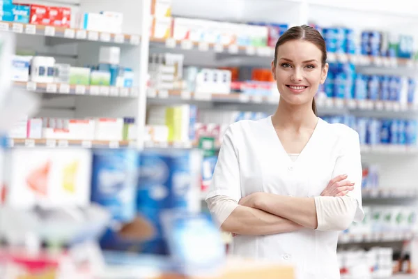 Smiling Pharmacist Hands Folded Portrait Young Pharmacist Smiling Hands Folded — Stock Photo, Image