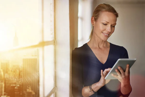 Harika Bir Özellik Ofisinde Dijital Tablet Kullanan Bir Kadını — Stok fotoğraf