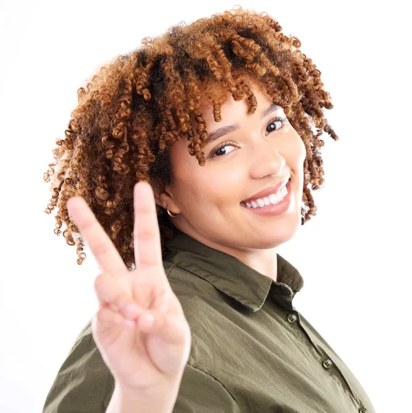 Paz Signo Retrato Mujer Negra Excitada Confiada Feliz Aislada Sobre —  Fotos de Stock