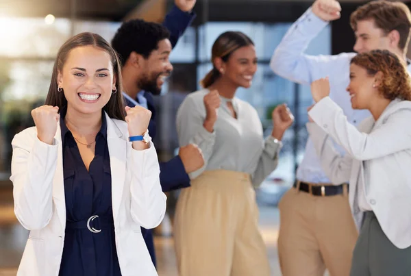 stock image Celebration, winner and portrait of business woman in office with bonus, startup success and leadership. Collaboration, teamwork and excited employees with victory, achievement and winning goals.