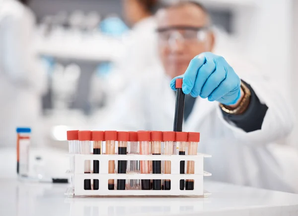 실험실에서 과학자들의 조사를 표본을 가지고 의약품 Dna 검사를 유리병을 생물학 — 스톡 사진